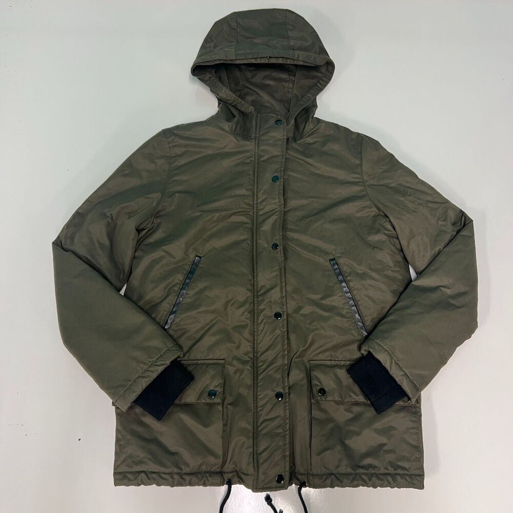 Mango MNG Womens S Hooded Parka Olive Green Plaid Flannel Lined Puffer Jacket
